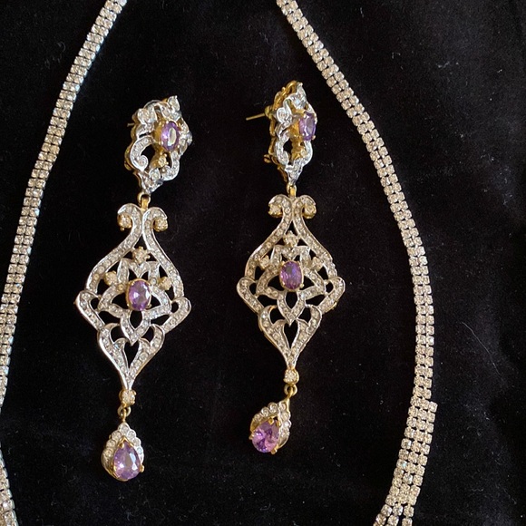 Jewelry set earrings with real amethyst and necklace.perfect condition like new - Picture 1 of 6